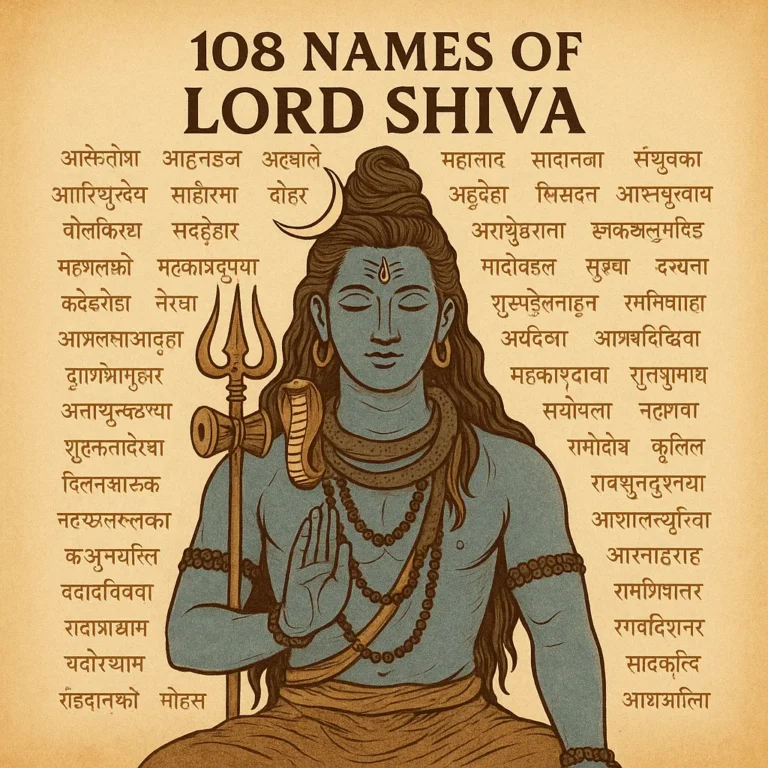 Digital illustration of Lord Shiva with blue skin, trident, and sacred ornaments, surrounded by 108 Sanskrit names of Shiva on a parchment-style background.