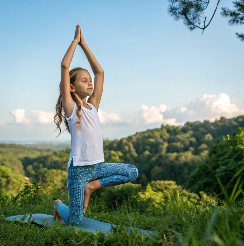 Young girl practicing yoga in tree pose on a mat, surrounded by lush green hills and a clear sky.