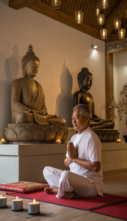 Elderly man meditating in a prayer pose inside a temple, surrounded by Buddha statues and lit candles.