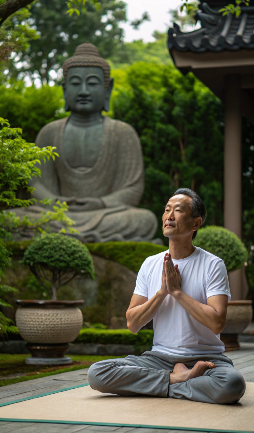 Middle-aged man meditating outdoors in prayer pose, seated cross-legged near a large Buddha statue in a peaceful garden setting.