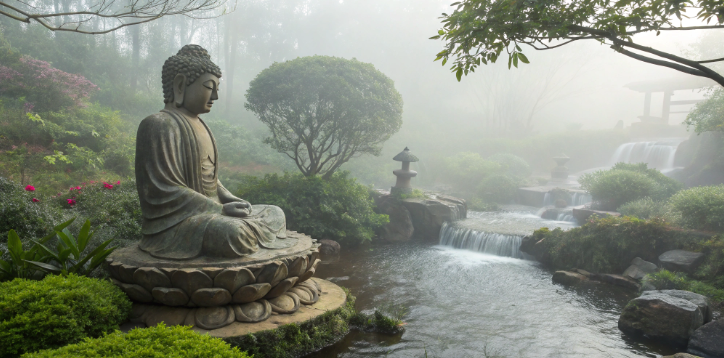 Stone Buddha statue in a misty Zen garden with waterfalls, lush greenery, and a serene atmosphere.