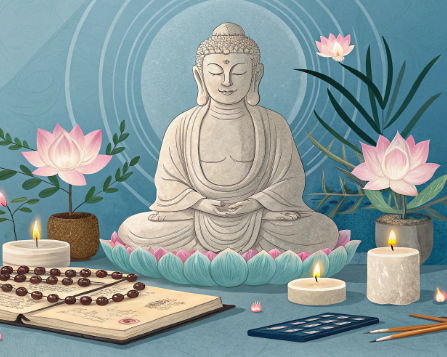Illustrated Buddha statue on a lotus surrounded by candles, flowers, prayer beads, and sacred texts in a peaceful spiritual setting.