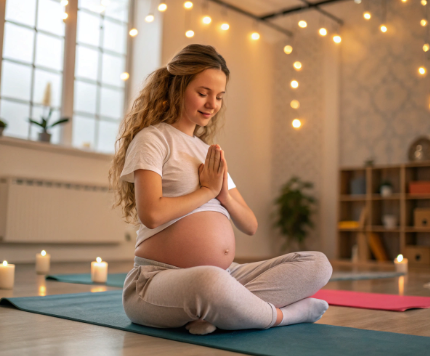 Pregnant woman sitting cross-legged on a yoga mat in a softly lit room, practicing meditation with hands in prayer position.