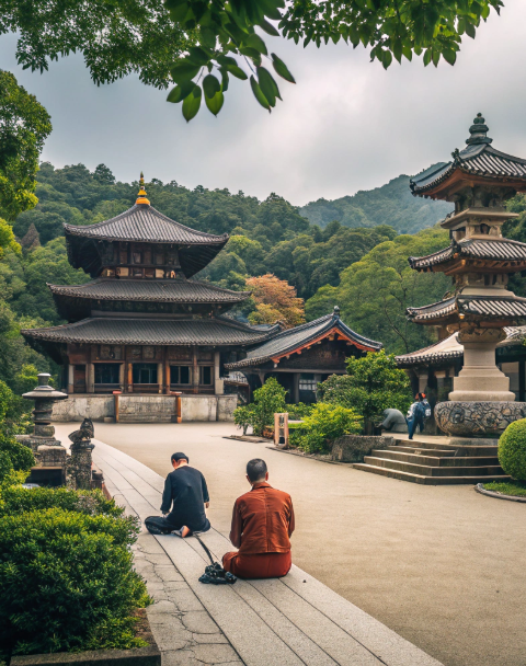 Two people sitting peacefully near a traditional Japanese temple surrounded by lush green mountains and stone lanterns.