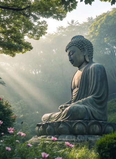 Large stone Buddha statue in meditation, surrounded by trees and morning light streaming through a peaceful forest.