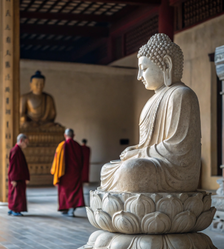 White Buddha statue in meditation inside a temple hallway, with two monks in red robes walking nearby.