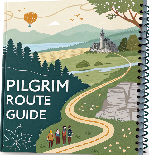 Illustrated cover of a spiral-bound book titled "Pilgrim Route Guide," featuring a winding path leading to an ancient hilltop temple, with fields, trees, and a hot air balloon in the background. Four hikers are walking along the path.