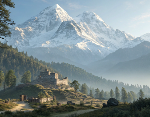 Snow-capped Himalayan mountains with a forest valley and an ancient stone structure in the foreground.