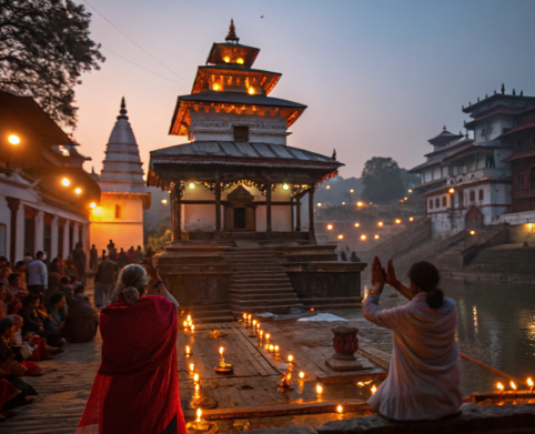 Devotees performing evening prayers with oil lamps at a riverside temple in Rishikesh during Ganga Aarti.