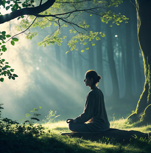 Person meditating in a sunlit forest clearing, seated in lotus position on mossy ground.