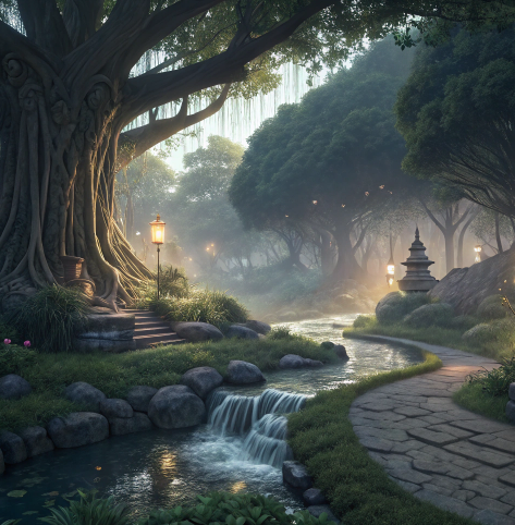 Peaceful forest path with flowing stream, large tree, and Buddhist shrine at dawn.