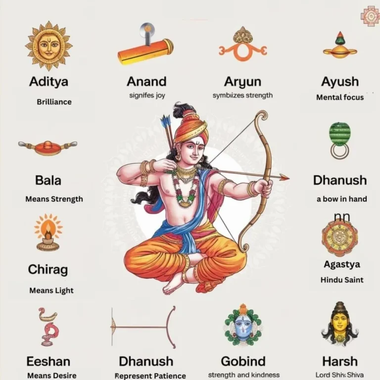 हिंदू धर्म में लड़कों के पारंपरिक नामों का चित्रण जिसमें भगवान राम धनुष के साथ केंद्र में हैं और चारों ओर आदित्य, आनंद, अर्जुन, आयुष, बल, चिराग, ईशान, धनुष, गोबिंद, हर्ष जैसे नामों के अर्थ दिए गए हैं।