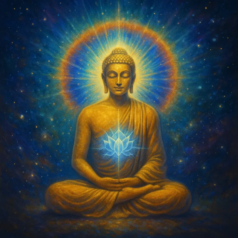 Golden Buddha meditating with radiant aura and glowing lotus in cosmic background, symbolizing Buddha Mind activation and spiritual awakening.
