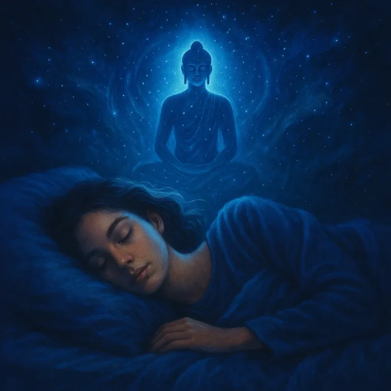 A young woman peacefully sleeping under blue light, with a glowing meditating figure in the starry night sky symbolizing deep sleep meditation and inner calm.