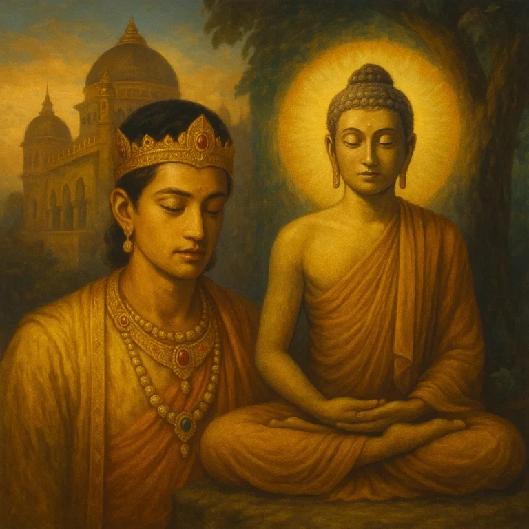 Siddhartha Gautama depicted in royal attire beside his enlightened self as the Buddha under the Bodhi tree, symbolizing his journey from prince to spiritual teacher.