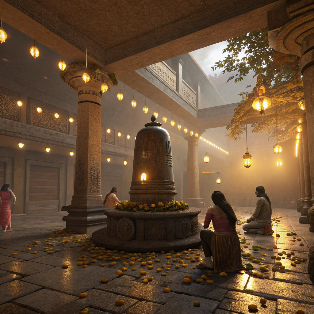 Serene artistic render of a Yogeshwar Linga in a temple courtyard, surrounded by glowing lamps and offerings of flowers and fruits.