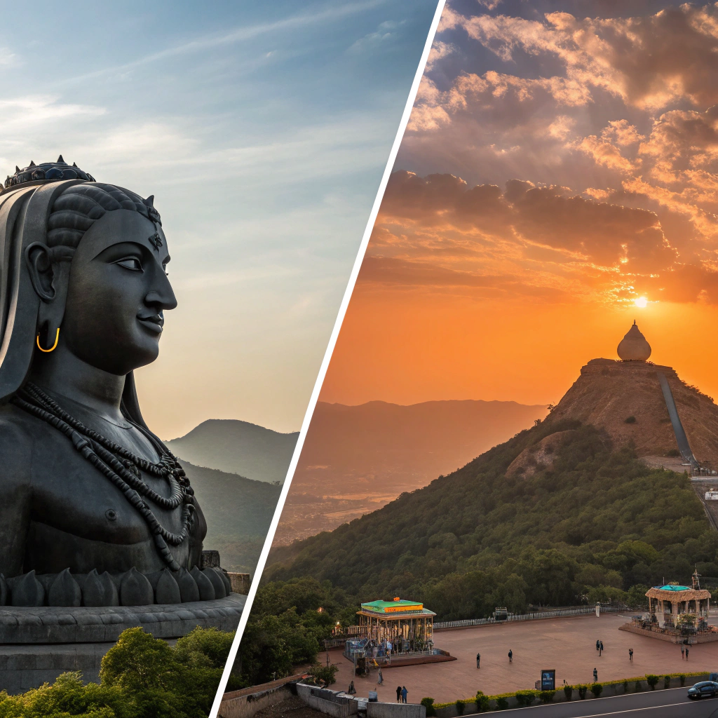 Split-frame composition showing Adiyogi Shiva statue on the left and a golden sunset over a hilltop shrine on the right.