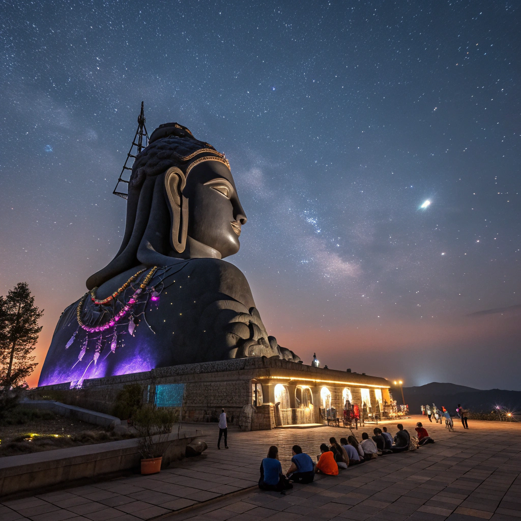 Wide-angle night view of the Adiyogi Shiva statue illuminated with lights, with people sitting in meditation under a starry sky.