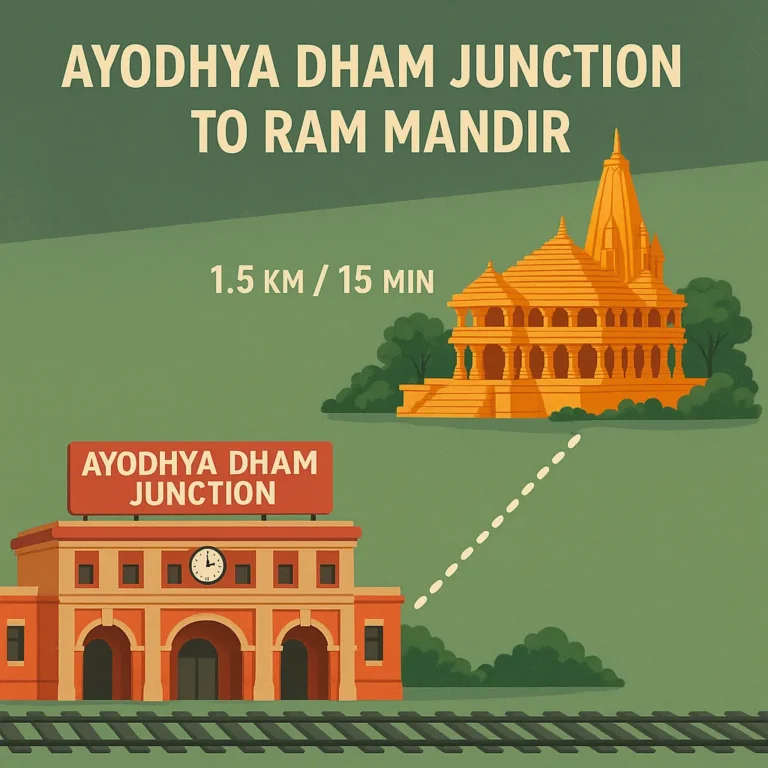 A simplified map-style illustration showing the 1.5 km route from Ayodhya Dham Junction Railway Station to Ram Mandir Temple with travel time of 15 minutes.