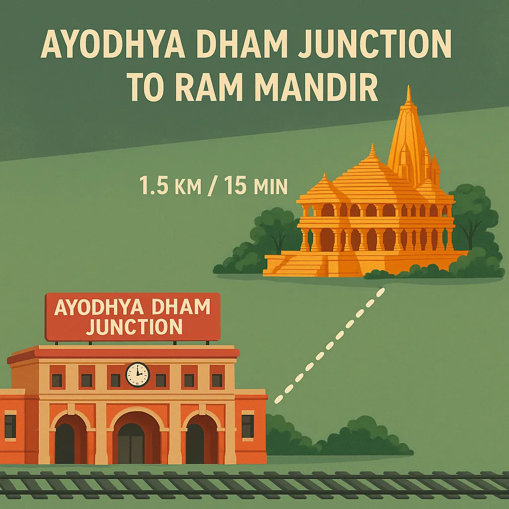 A simplified map-style illustration showing the 1.5 km route from Ayodhya Dham Junction Railway Station to Ram Mandir Temple with travel time of 15 minutes.