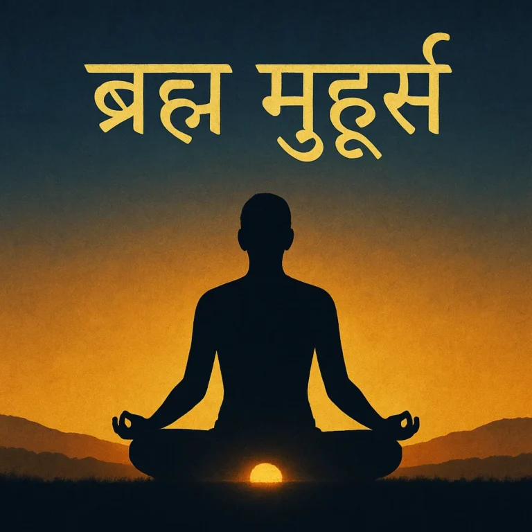 Digital illustration of a meditator sitting in Padmasana during Brahma Muhurta, silhouetted against a golden sunrise with "ब्रह्म मुहूर्त" written above in Devanagari script.