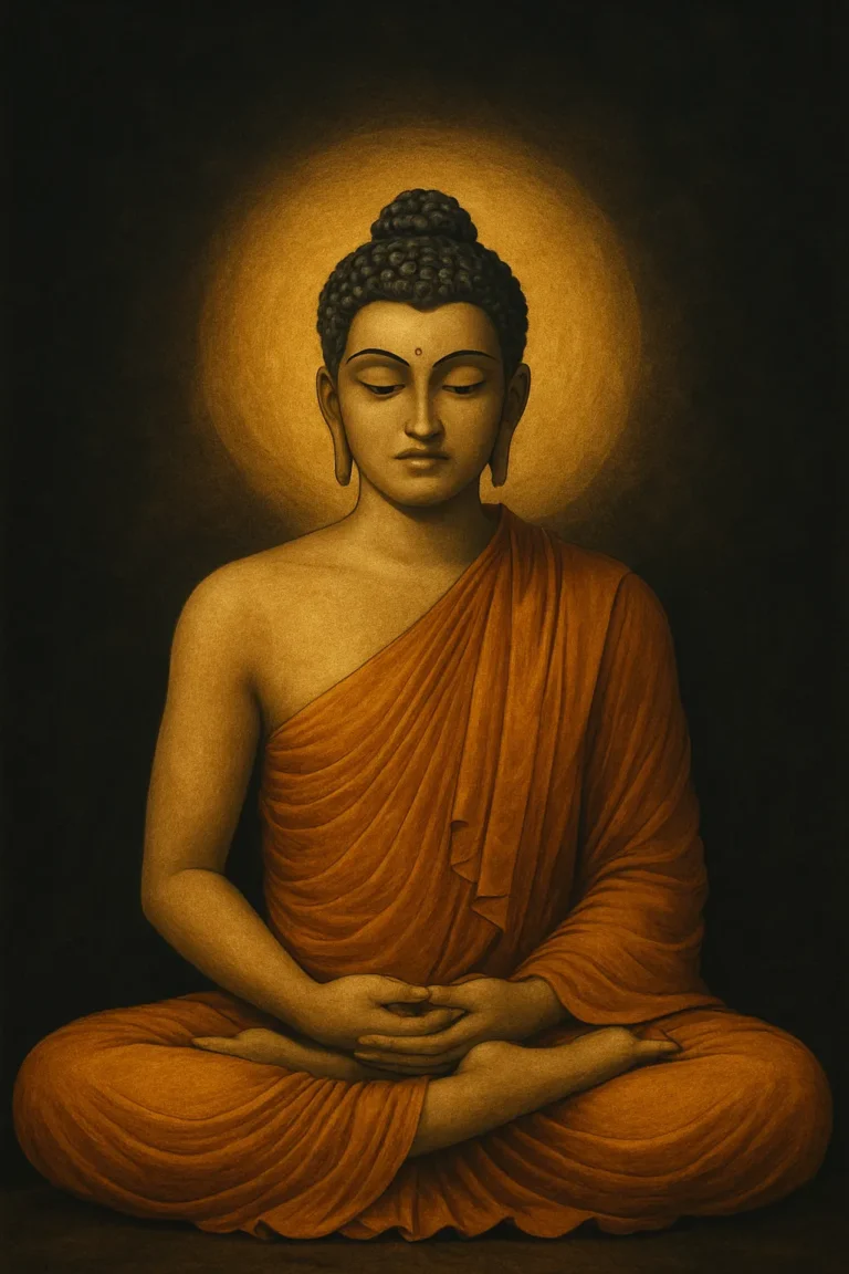 ध्यान मुद्रा में बैठे भगवान बुद्ध का पारंपरिक डिजिटल चित्र, शांत चेहरे और गहरे पृष्ठभूमि के साथ।