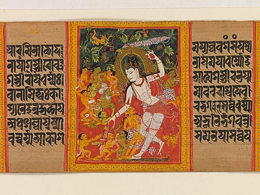 प्राचीन बौद्ध मंदिर्य हस्तलिखित पाठ की रंगीन गाथा
