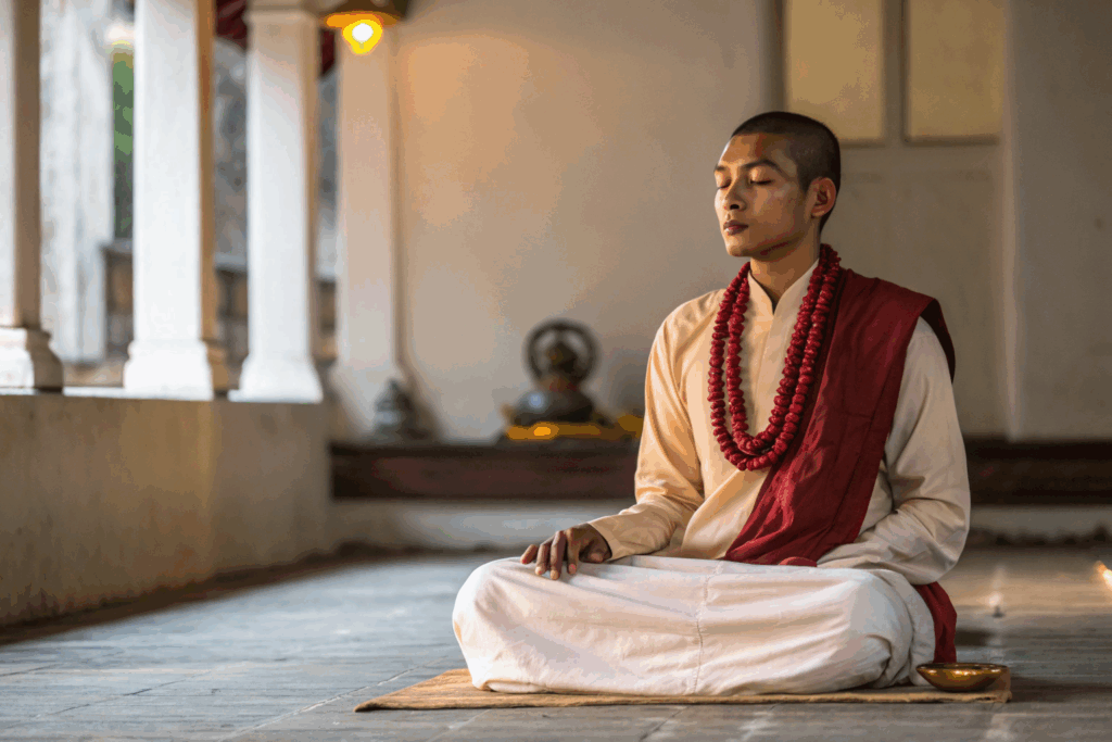 Young Hindu man meditating indoors in traditional clothing with eyes closed and prayer beads around his neck.