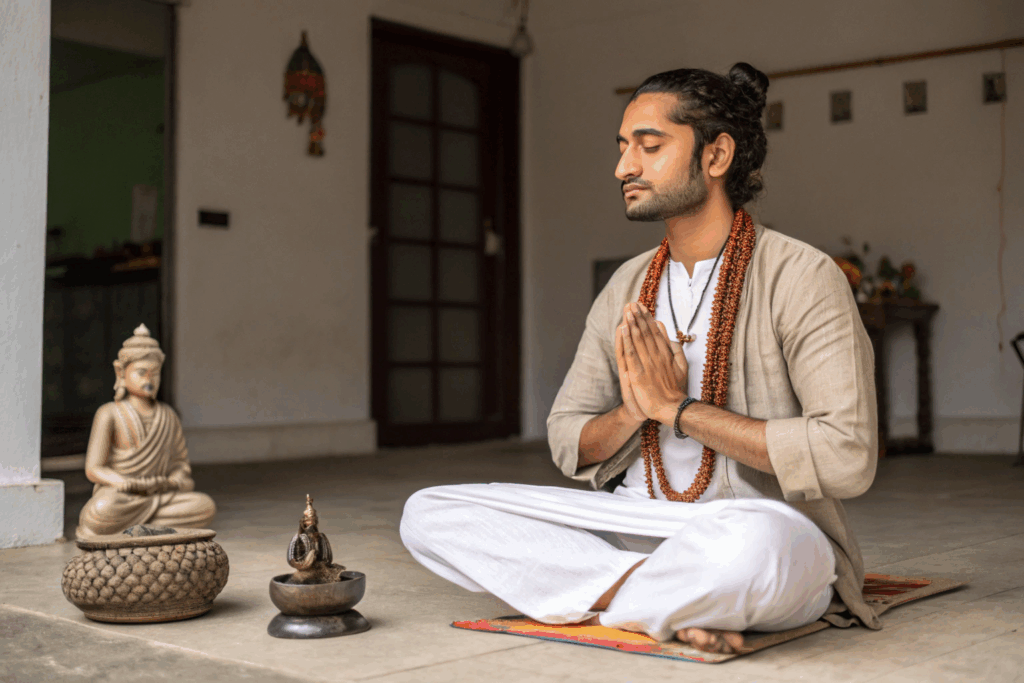Young Hindu man sitting cross-legged in prayer, with eyes closed and hands in namaste, near small statues in a peaceful indoor space.