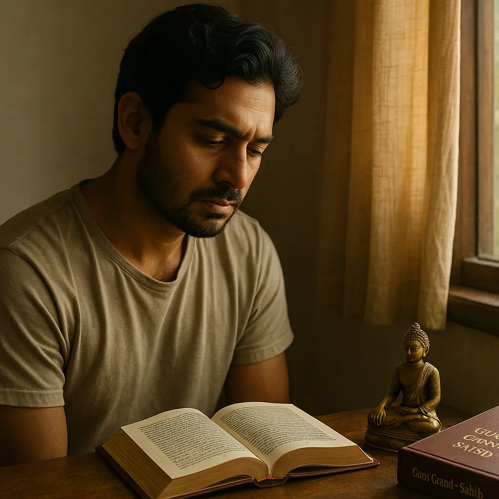 A contemplative South Asian man sits by a window reflecting quietly, with an open book and a brass Buddha statue beside him, evoking inner search and spiritual depth.