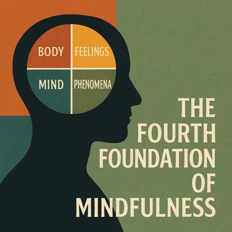 A digital graphic design features an abstract representation of the four foundations of mindfulness, with a human head silhouette divided into labeled segments: body, feelings, mind, and phenomena.