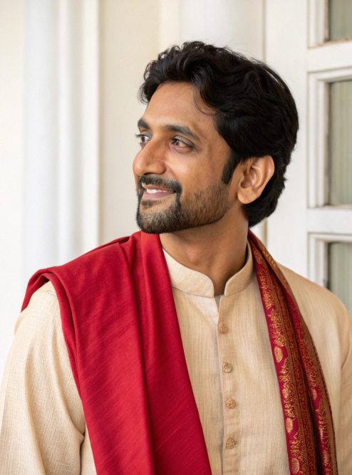 A man in traditional Indian attire with a red shawl, smiling and looking to the side near a white window frame.
