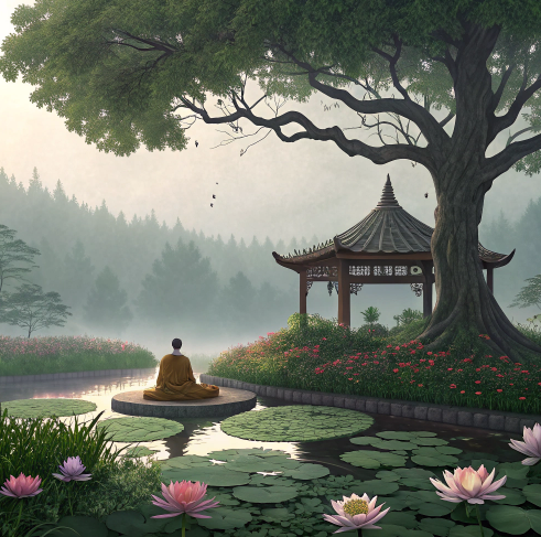 Monk meditating on a lotus pond near a wooden pavilion and tree in a misty garden.