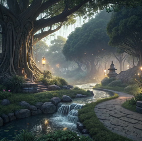 Serene forest stream flowing past ancient trees and a small stupa on a misty stone path.
