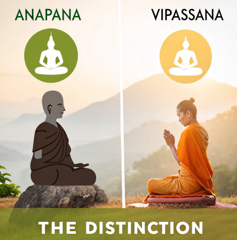 Visual comparison between Anapana and Vipassana meditation, showing a monk silhouette and a real practitioner seated outdoors with sunrise background.