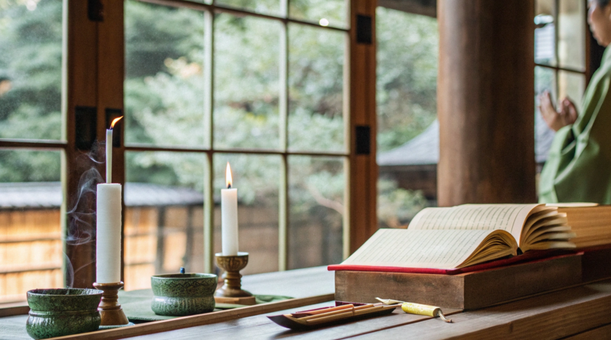 Open book with handwritten text on a wooden table beside lit candles and incense, in a serene traditional Japanese room with a person in green robes.