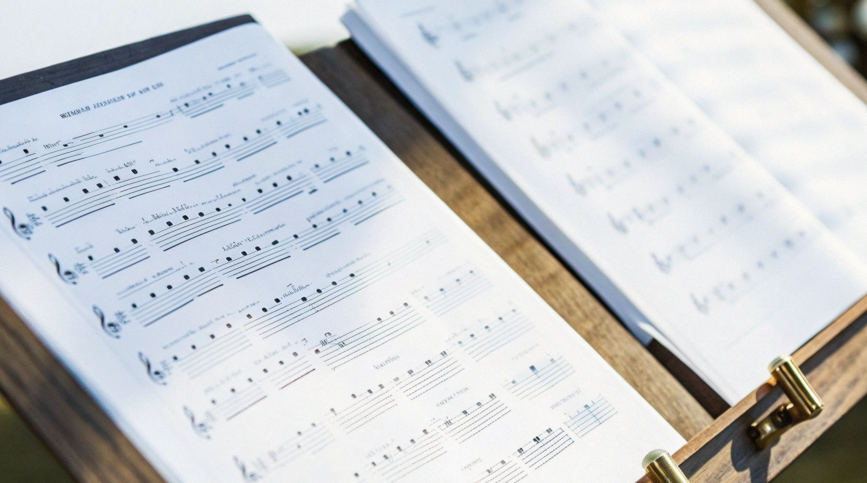 Open sheet music on a wooden music stand outdoors, showing musical notes and staff lines in clear sunlight.