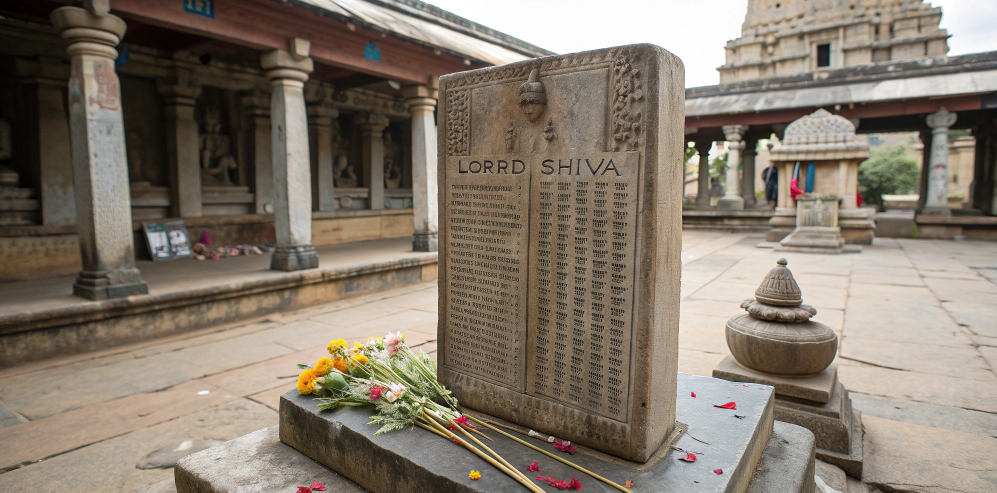 A stone tablet in a temple engraved with 108 names of Lord Shiva, with flowers placed at the base, symbolizing devotion to Mahadev and his many names.
