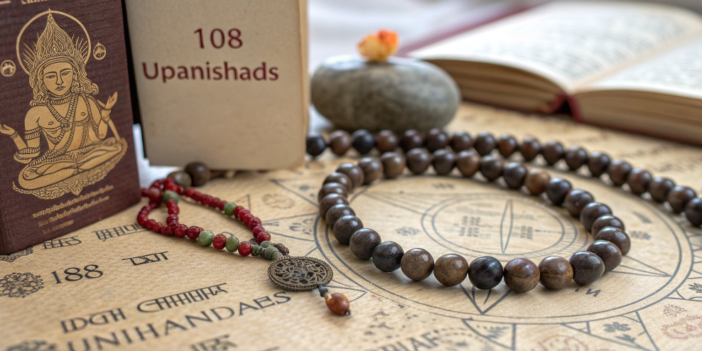 A wooden mala (rosary) placed beside scriptures and a book titled “108 Upanishads,” symbolizing the spiritual practice of chanting 108 names of Lord Shiva and the sacred connection between Shiva names and meditation.