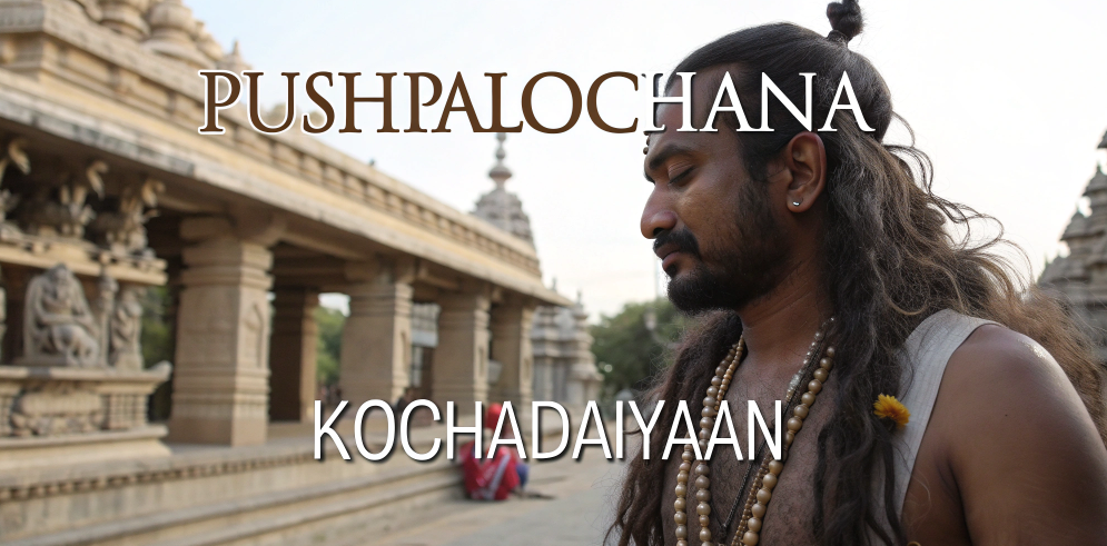 A man with long hair and rudraksha beads stands near a temple, with the rare Shiva names “Pushpalochana” and “Kochadaiyaan” displayed, symbolizing different names of Lord Shiva from the mahadev name list.