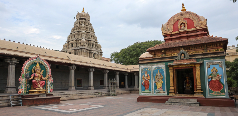 Temple courtyard decorated with colorful Navdurga images, representing the nine devi name traditions of Navratri and the worship of maa durga ke 9 roop.
