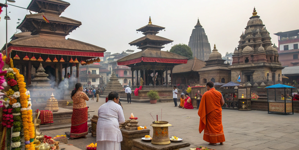 Devotees gather in a temple courtyard with offerings, incense, and decorated shrines during Navratri rituals, reflecting the living traditions of navratri devi names and nav durga ke naam.
