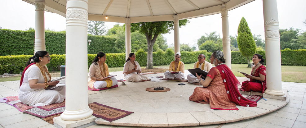 A group of women sit in a circle under a pavilion, engaged in discussion, symbolizing the cultural meaning of the 9 devi name traditions of Navratri and the lessons from nau deviyon ke naam.

