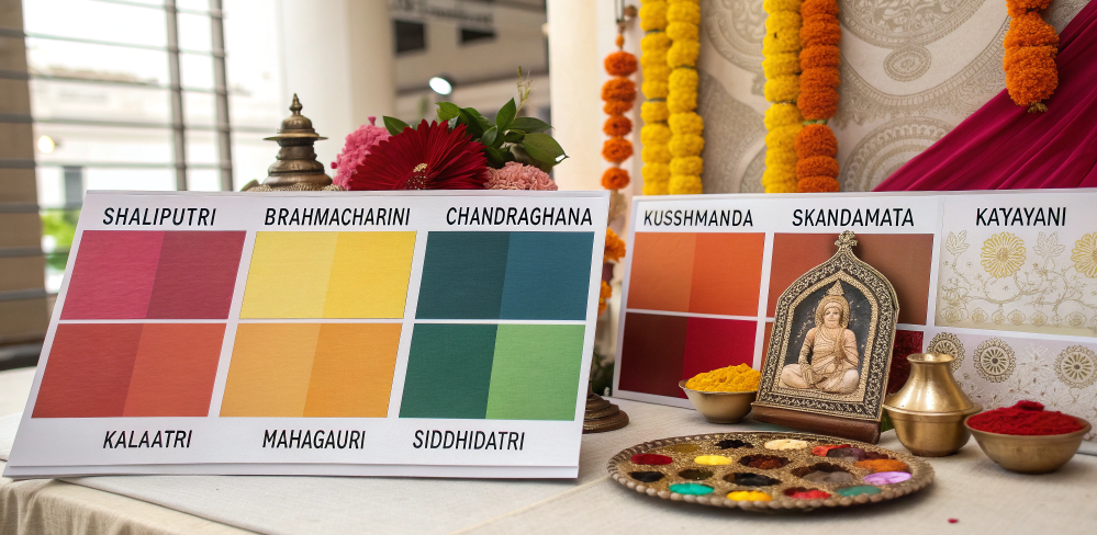 Navratri colour chart with names of nine goddesses—Shailputri, Brahmacharini, Chandraghanta, Kushmanda, Skandamata, Katyayani, Kalaratri, Mahagauri, Siddhidatri—showing navdurga forms linked to navratri devi names and nau deviyon ke naam.