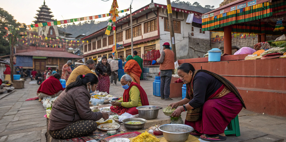 Women in a village marketplace sort vegetables and grains during Navratri, where daily colours reflect navratri mata name and navratri devi names, merging ritual with community expression.
