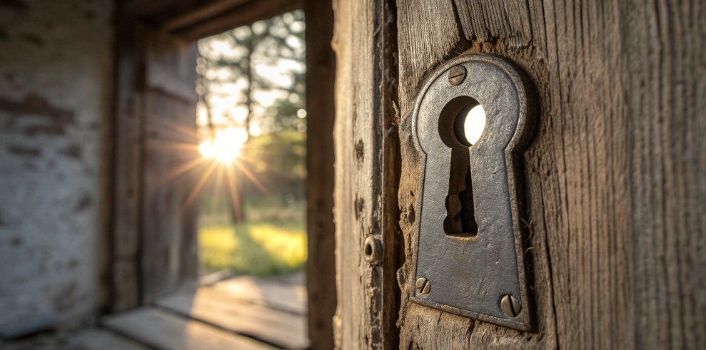 Sunlight shines through an old wooden door with a keyhole, symbolizing values in nav durga name in Hindi and nau deviyon ke naam—nine steps, nine colours, nine life lessons.