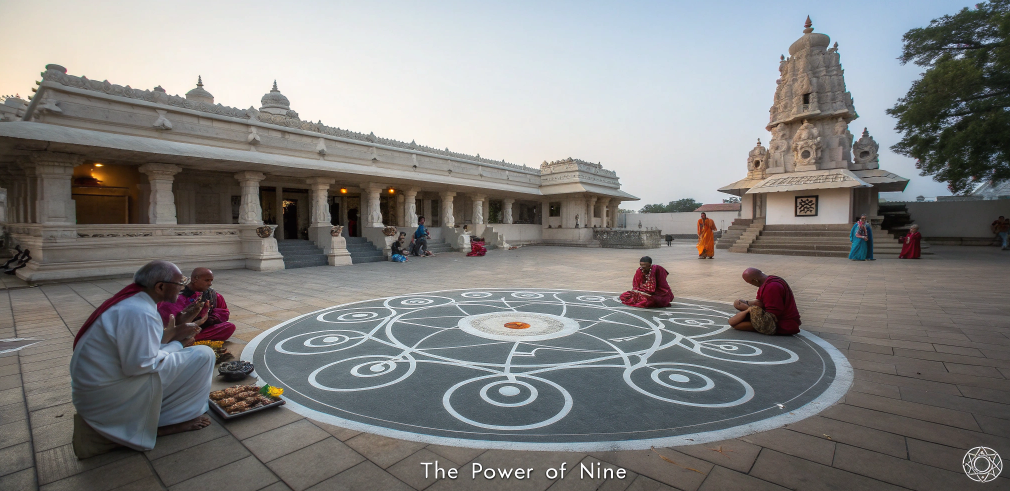 Devotees create a sacred rangoli with nine circles at a Hindu temple, symbolizing The Power of Nine in Indian thought—nav durga ke naam, 9 देवी के नाम, jyotish planets, and nine rasas in art.