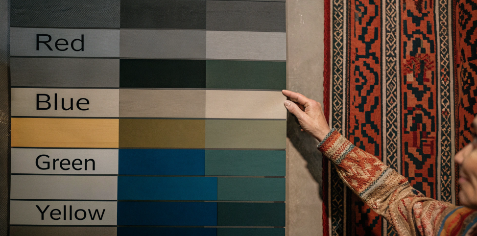 Hand pointing at fabric chart of Red, Blue, Green, and Yellow shades, symbolising navratri colours (नवरात्रि के रंग) and their spiritual significance.
