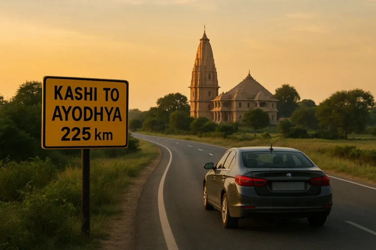A realistic photo of a car driving on a highway toward Ayodhya with a "Kashi to Ayodhya 225 km" sign and temples in the distance at sunset.