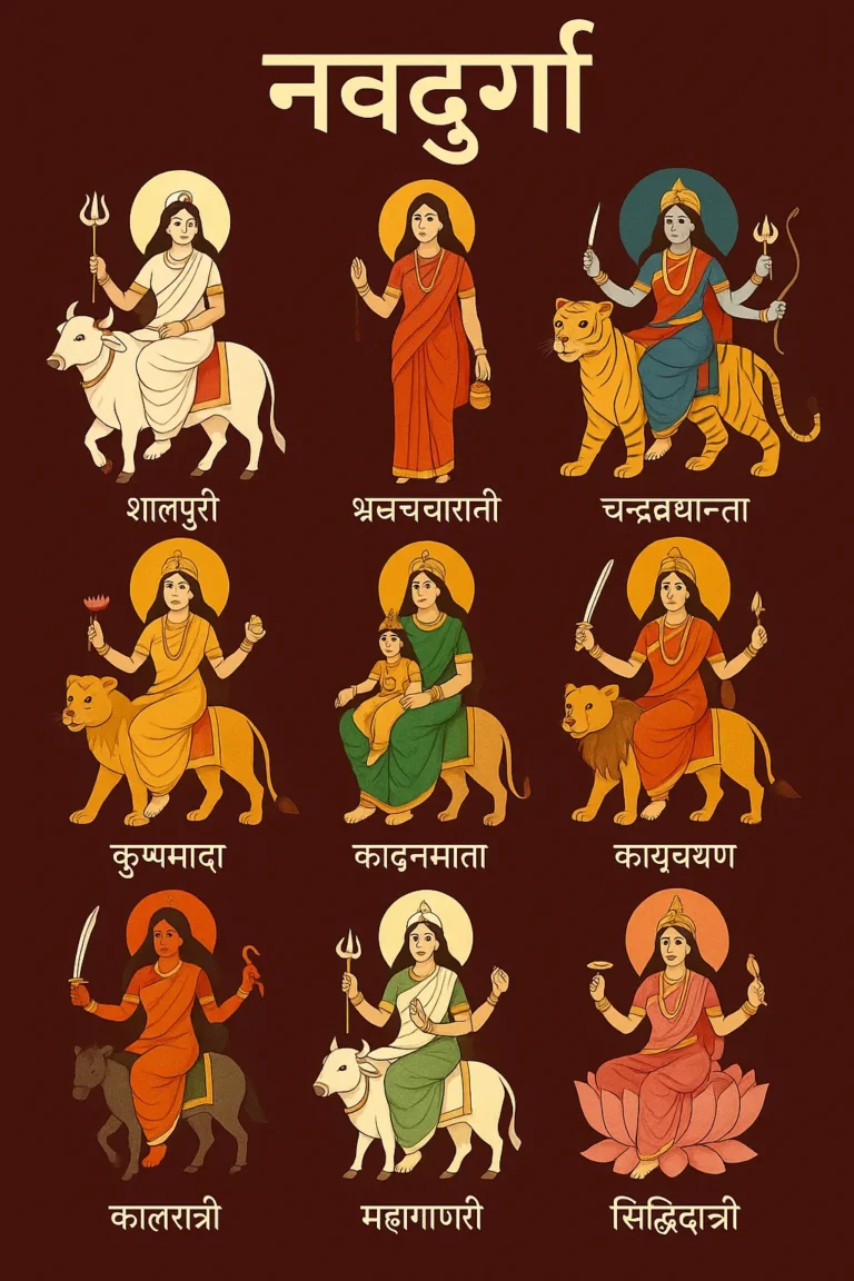 Digital illustration showing the nine forms of Goddess Durga (Navadurga) in a 3x3 grid, each Devi depicted with distinct attributes, mounts, and names written in Devanagari script.